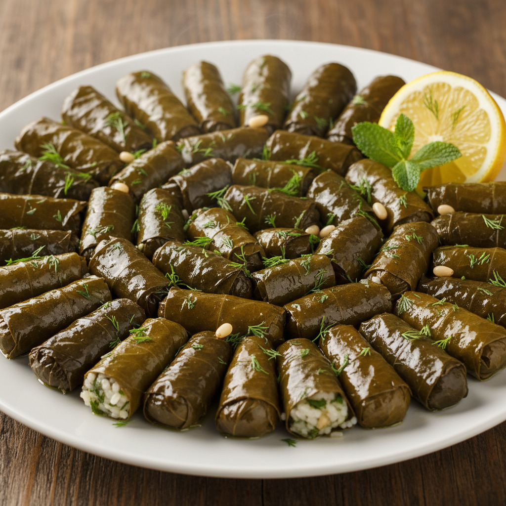 Stuffed grape leaves, also known as dolmas or warak enab, feature tender leaves wrapped around seasoned rice, meat, and warm Mediterranean spices